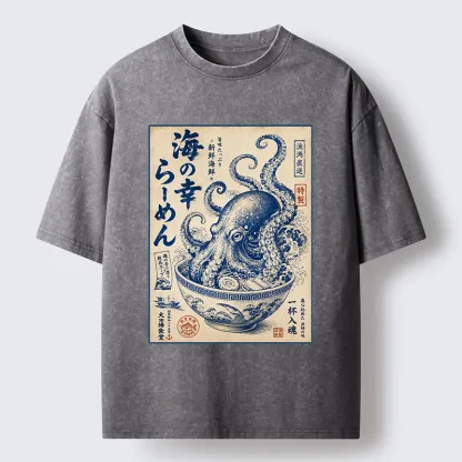 Tokyo-Tiger Vintage Octopus Ramen Japanese Poster Washed T-Shirt