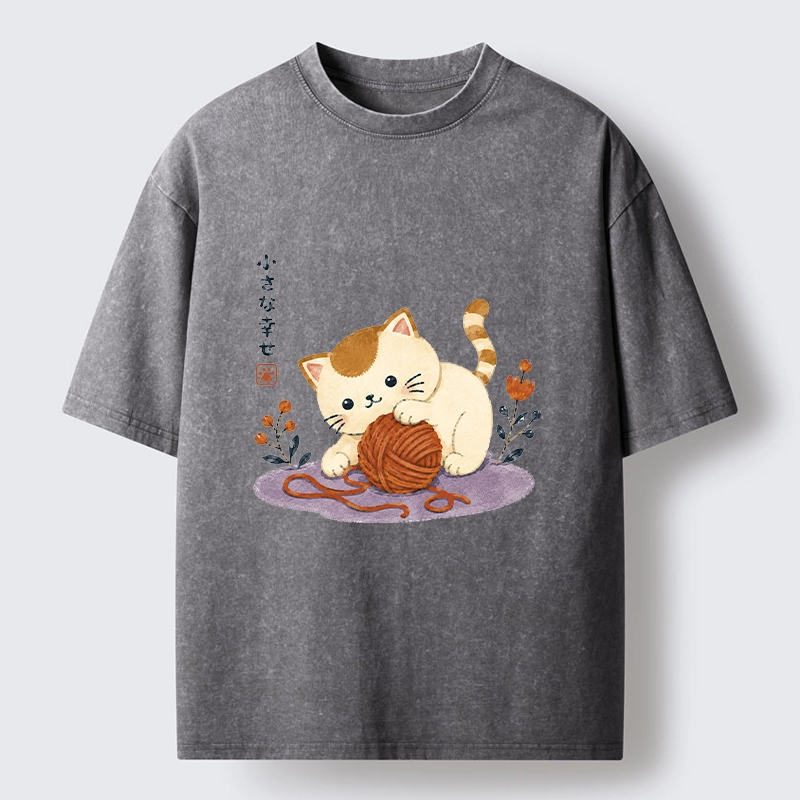 Tokyo-Tiger Cute Watercolor Cat Playing With Yarn Washed T-Shirt