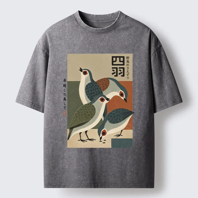 Tokyo-Tiger Four Birds In Vintage Japanese Style Washed T-Shirt
