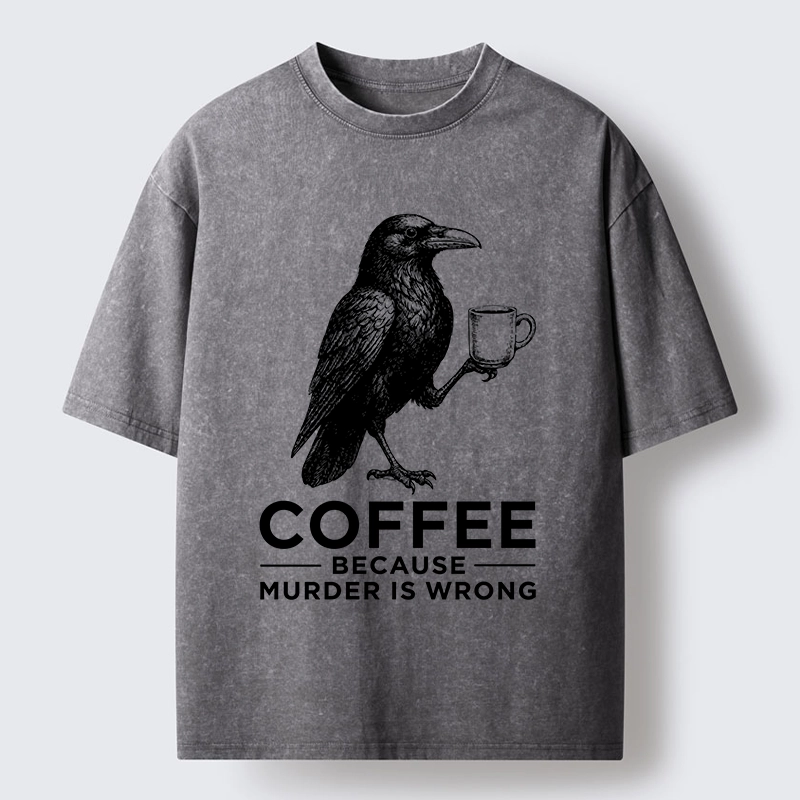 Tokyo-Tiger Raven Holding Coffee Life Mood Washed T-Shirt