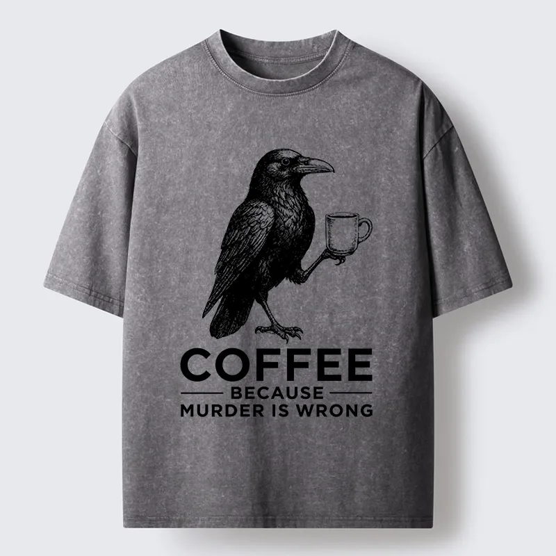 Tokyo-Tiger Raven Holding Coffee Life Mood Washed T-Shirt