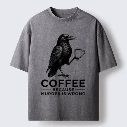 Tokyo-Tiger Raven Holding Coffee Life Mood Washed T-Shirt