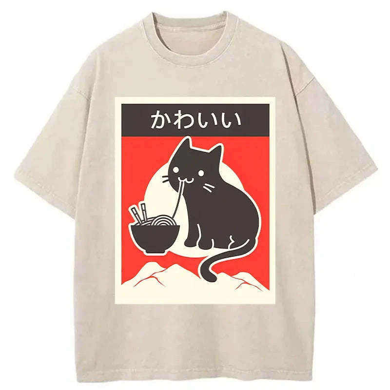 Tokyo-Tiger Kawaii Vintage Ramen Cat Washed T-Shirt
