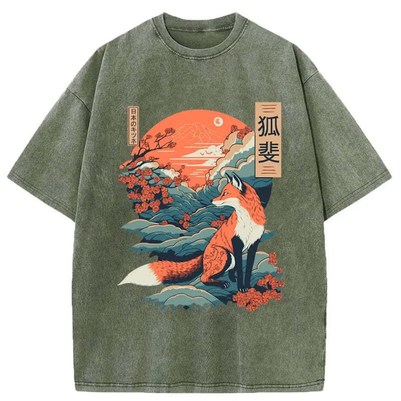 Tokyo-Tiger Japanese Kitsune Fox Sakura Washed T-Shirt
