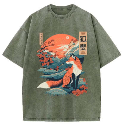 Tokyo-Tiger Japanese Kitsune Fox Sakura Washed T-Shirt