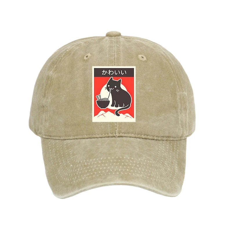 Tokyo-Tiger "Kawaii" Vintage Style Japenese Ramen Cat Washed Cap