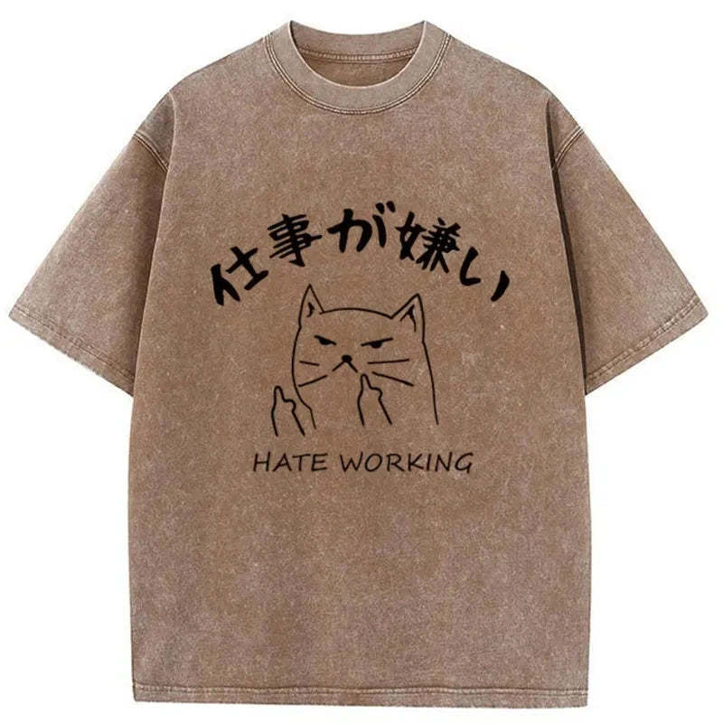 Tokyo-Tiger A Cat That Hates Work Washed T-Shirt-tokyo-tiger