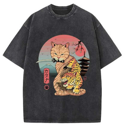 Tokyo-Tiger Katana Cat Tattoo Washed T-Shirt