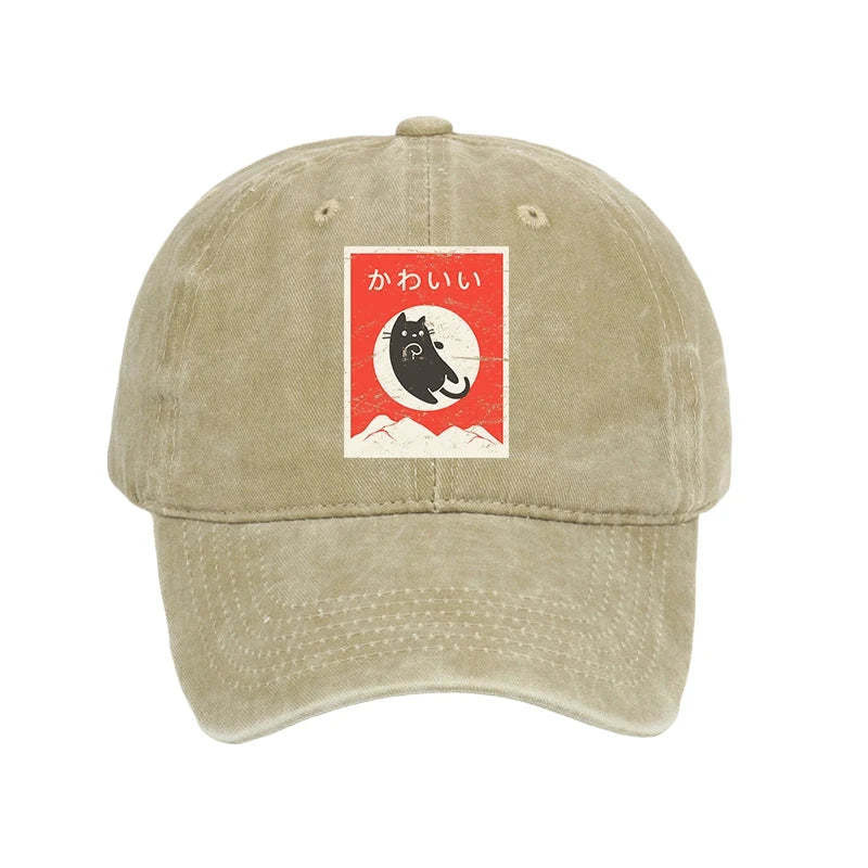 Tokyo-Tiger Cute Black Cat Japanese Washed Cap