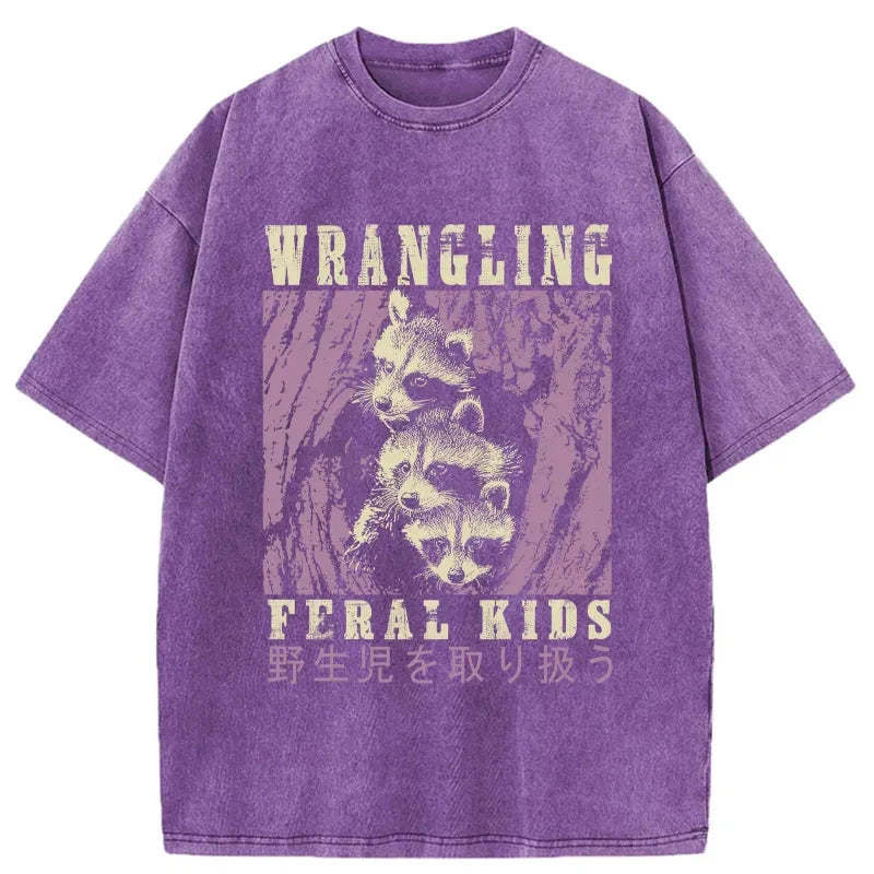 Tokyo-Tiger Wrangling Feral Raccoon Kids Washed T-Shirt Sale