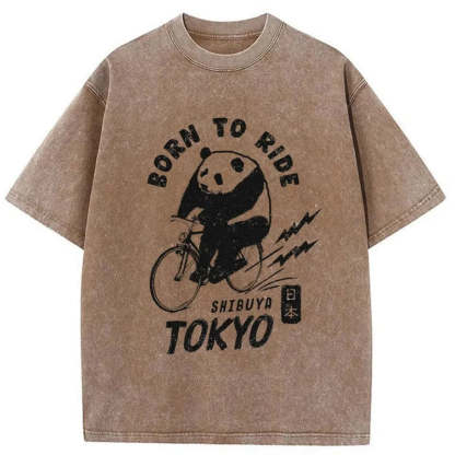 Tokyo-Tiger Pandas Ride Bicycles Washed T-Shirt