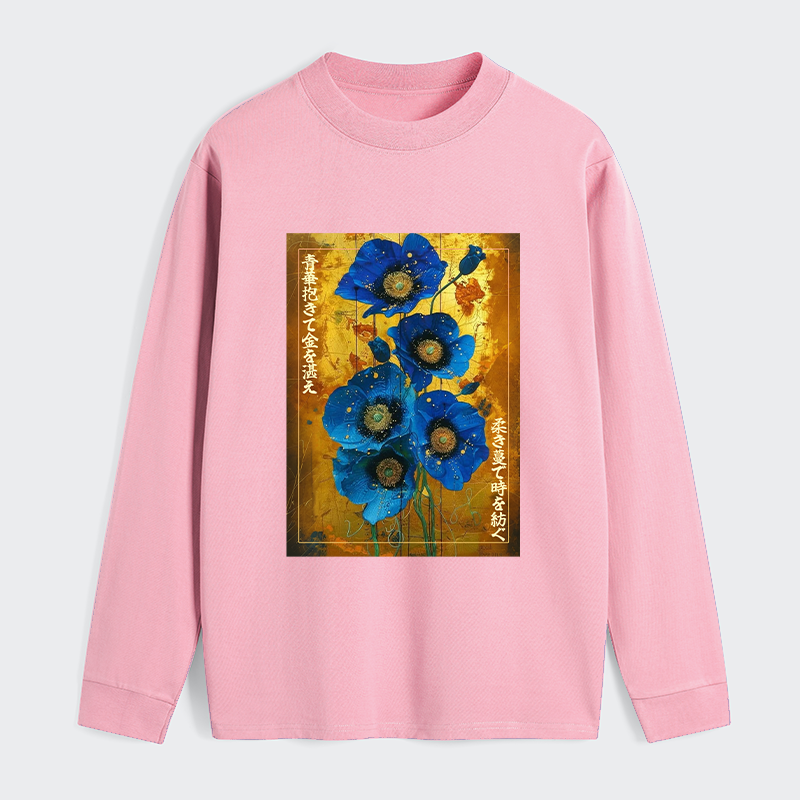 Tokyo-Tiger Shiny Blue Flower Warm Golden Background Classic Long Sleeve T-Shirt