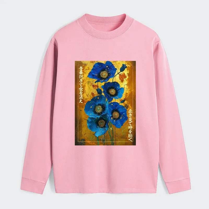 Tokyo-Tiger Shiny Blue Flower Warm Golden Background Classic Long Sleeve T-Shirt