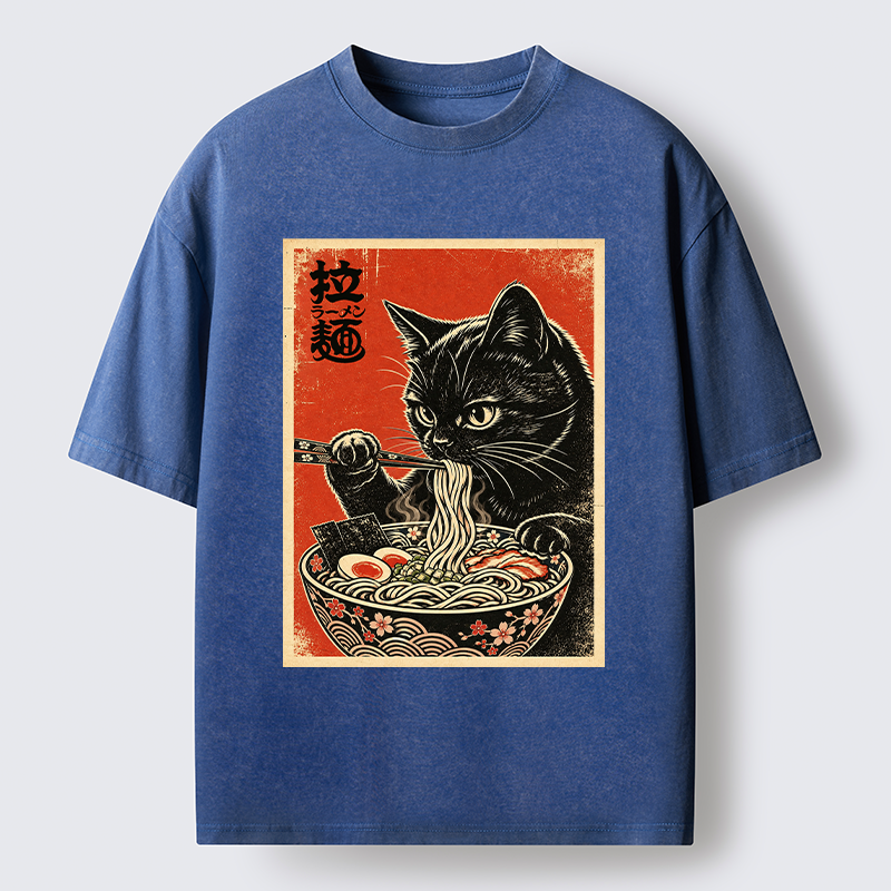 Tokyo-Tiger Japanese Ramen Cat Art Washed T-Shirt