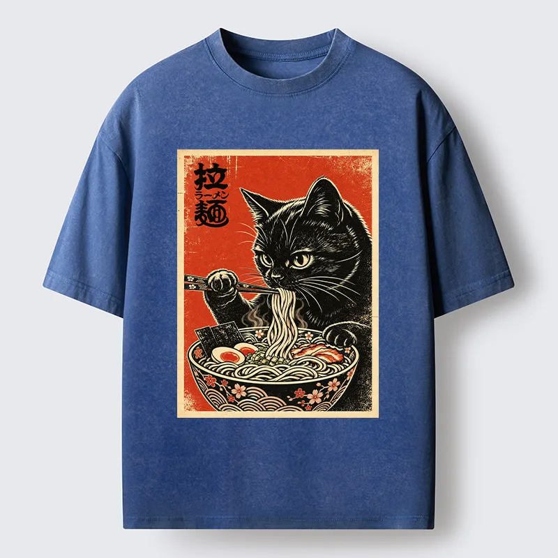 Tokyo-Tiger Japanese Ramen Cat Art Washed T-Shirt