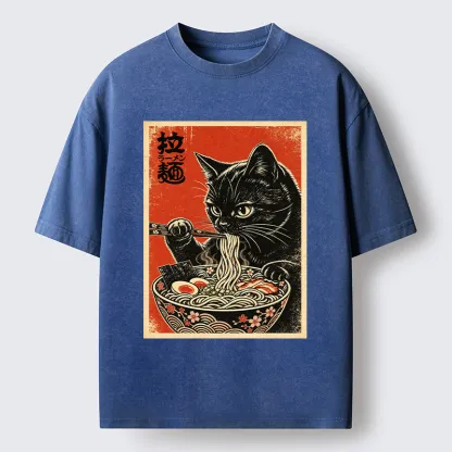Tokyo-Tiger Japanese Ramen Cat Art Washed T-Shirt