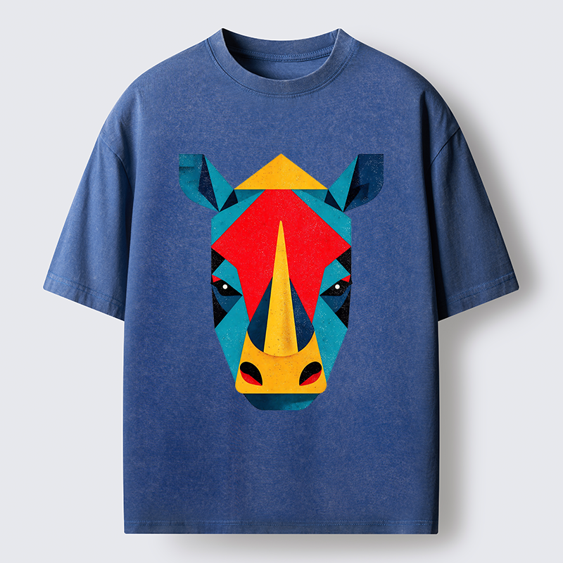 Tokyo-Tiger Geometric Rhino Art Washed T-Shirt