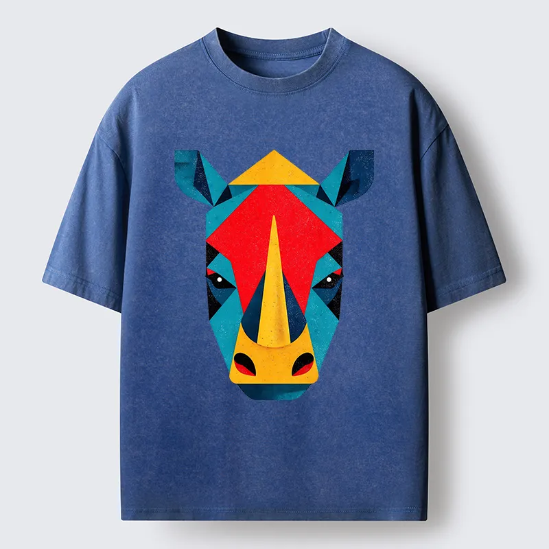 Tokyo-Tiger Geometric Rhino Art Washed T-Shirt