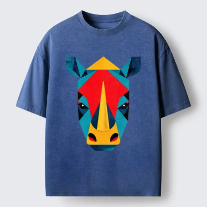 Tokyo-Tiger Geometric Rhino Art Washed T-Shirt