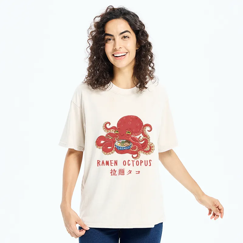 Tokyo-Tiger Cute Octopus Eating Ramen Washed T-Shirt