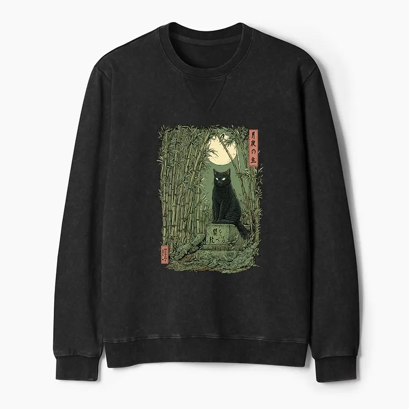 Tokyo-Tiger Black Cat In The Bamboo Forest Washed Terry Sweatshirt