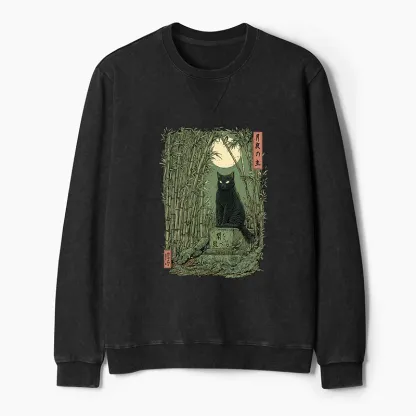 Tokyo-Tiger Black Cat In The Bamboo Forest Washed Terry Sweatshirt