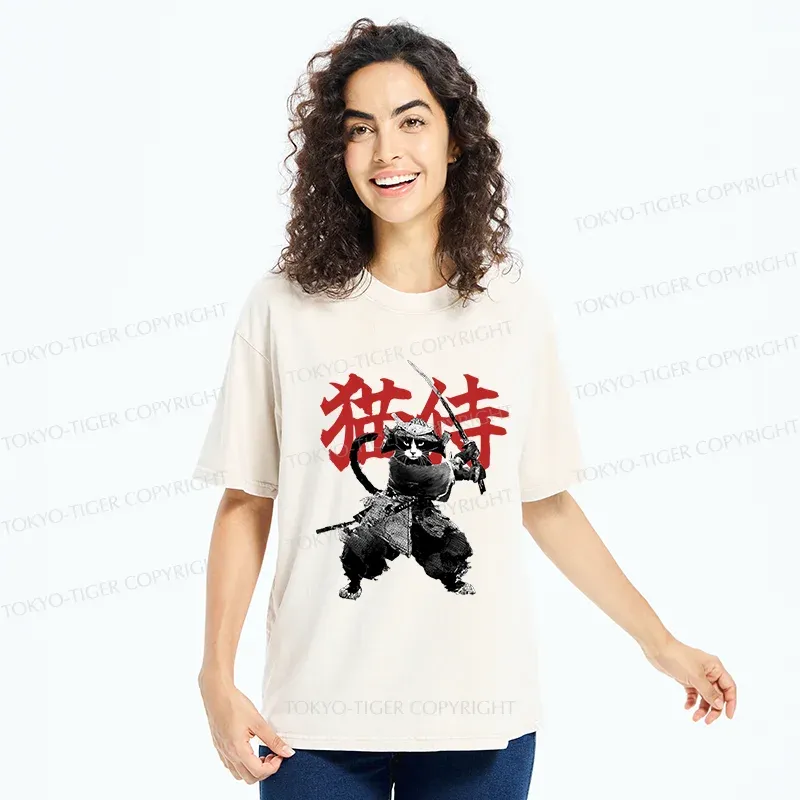 Tokyo-Tiger Black Cat Samurai Washed T-Shirt