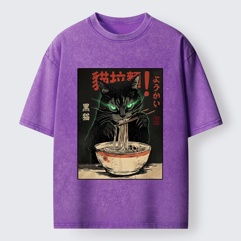 Tokyo‑Tiger Black Cat Ramen Feast Washed T‑Shirt