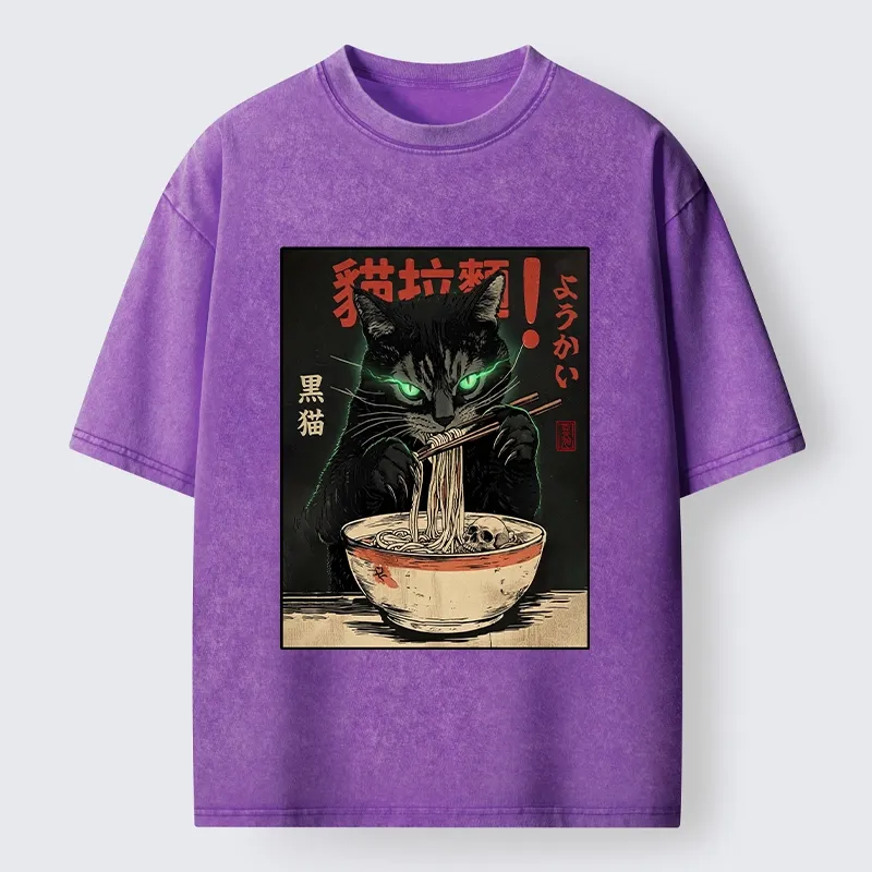 Tokyo‑Tiger Black Cat Ramen Feast Washed T‑Shirt