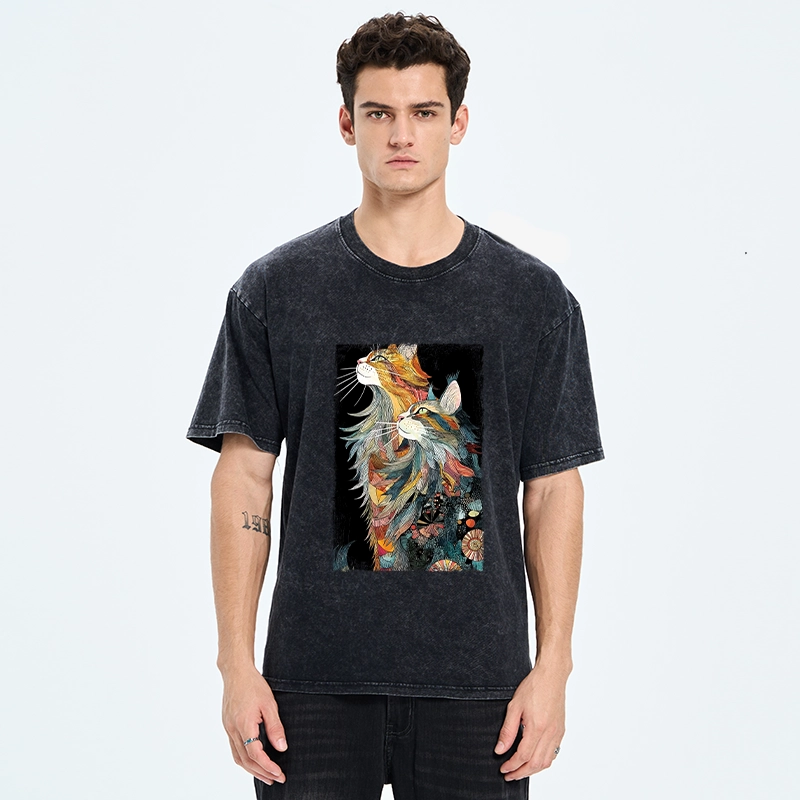 Tokyo‑Tiger Bohemian Cat Pair Washed T‑shirt