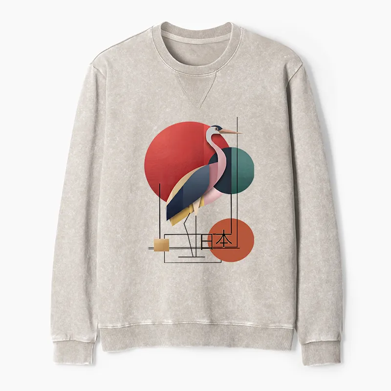 Tokyo-Tiger Geometric Crane Art Washed Terry Sweatshirt