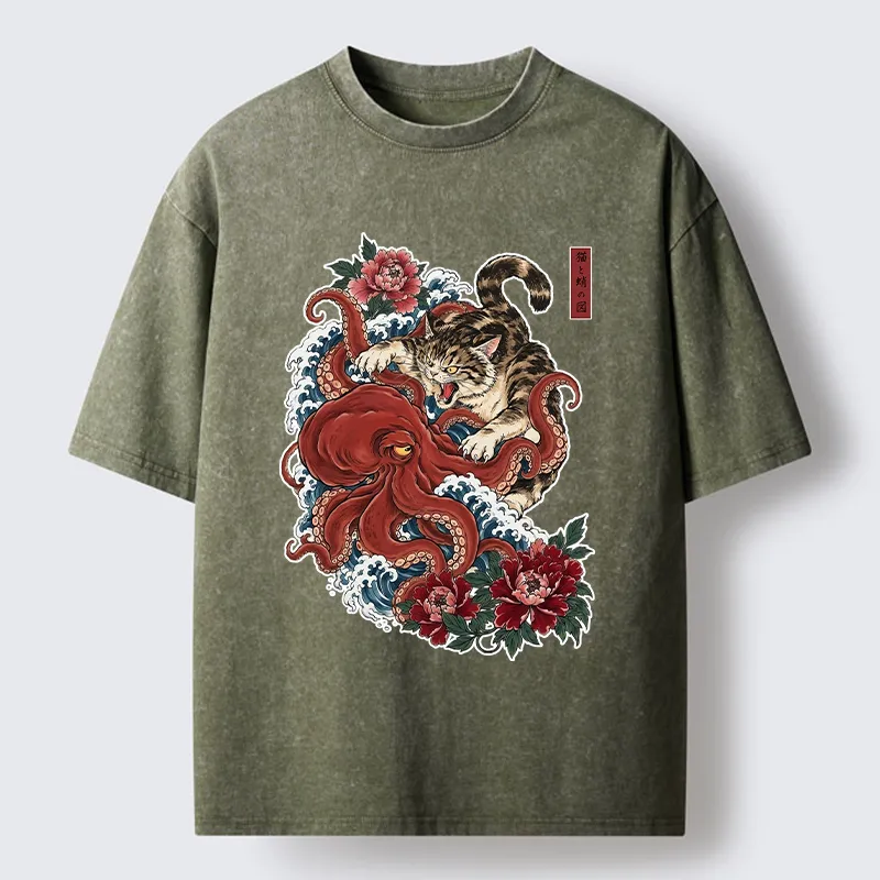 Tokyo-Tiger Ukiyo Style Cat Fighting Octopus Washed T-Shirt