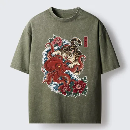 Tokyo-Tiger Ukiyo Style Cat Fighting Octopus Washed T-Shirt