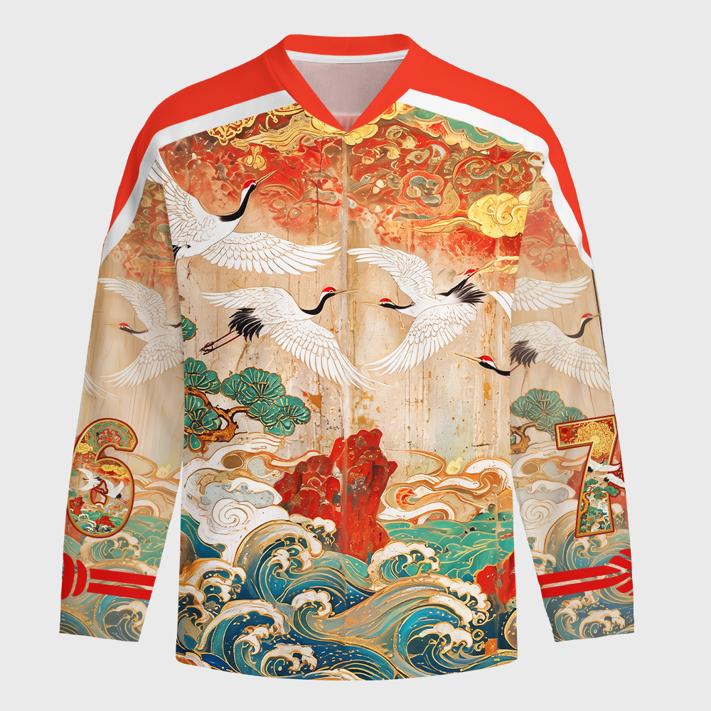 Tokyo-Tiger Flying Cranes Golden Clouds Long-Sleeve Hockey Jersey