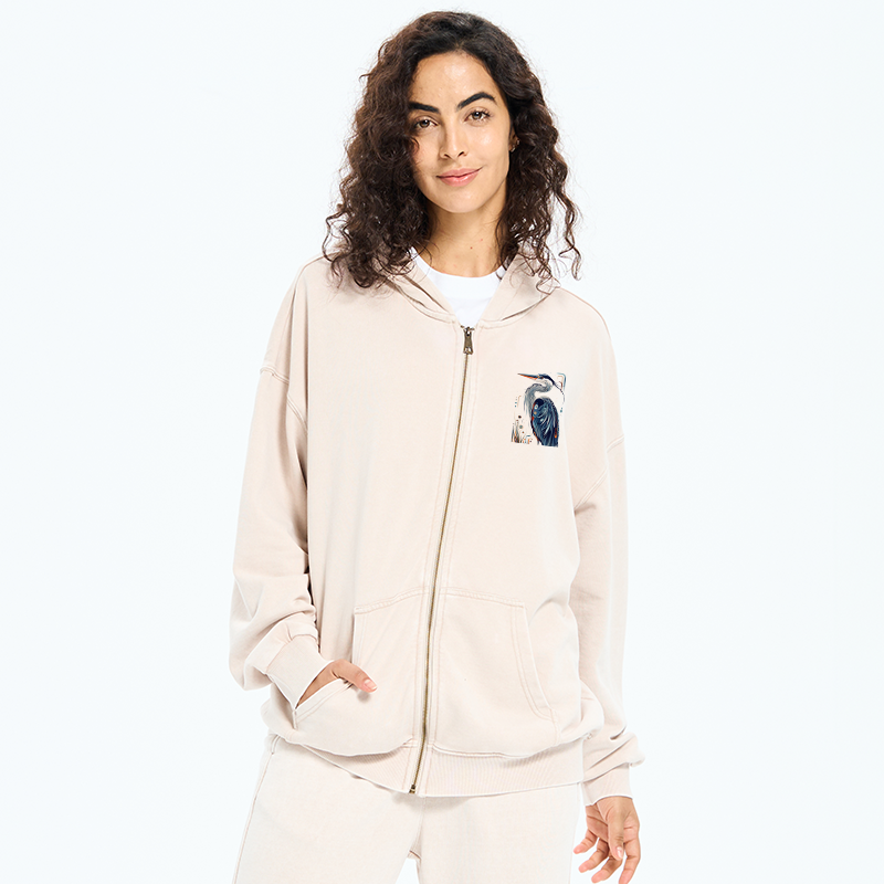 Tokyo-Tiger Stylish Blue Heron Washed Zip Hoodie