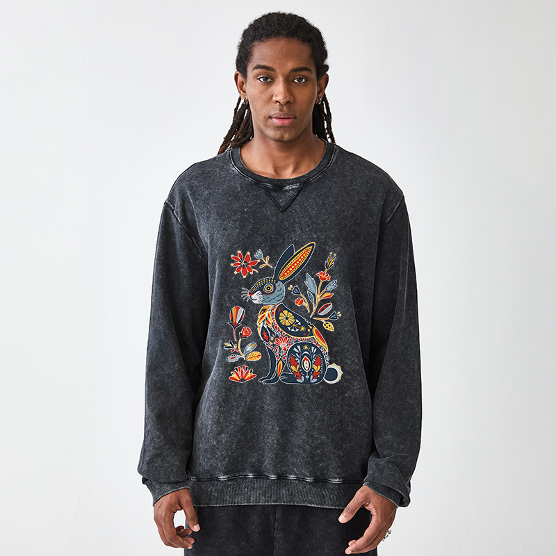 Tokyo-Tiger Folk Hare Bloom Washed Terry Sweatshirt