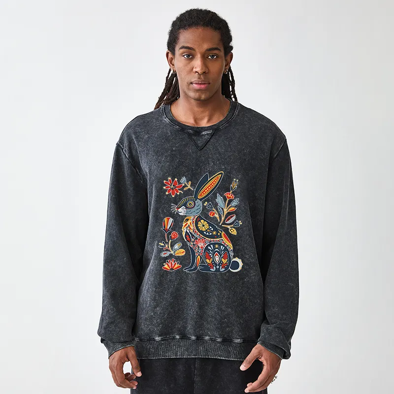 Tokyo-Tiger Folk Hare Bloom Washed Terry Sweatshirt