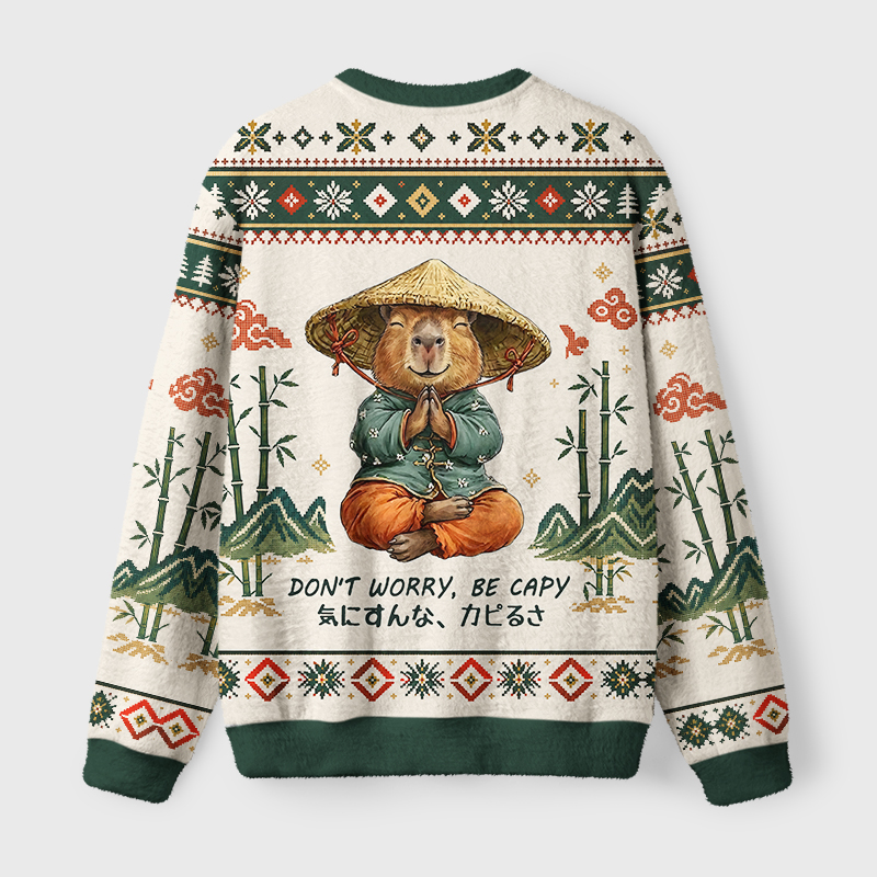 Tokyo-Tiger Zen Capybara Funny Meme Fuzzy Christmas Ugly Sweatshirt