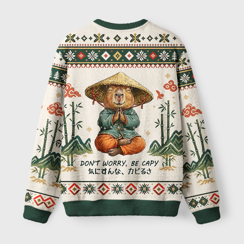 Tokyo-Tiger Zen Capybara Funny Meme Fuzzy Christmas Ugly Sweatshirt