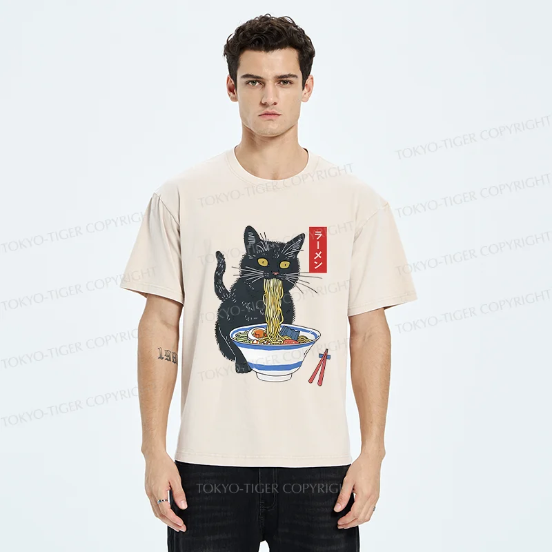 Tokyo-Tiger Black Cat Eats Delicious Ramen Washed T-Shirt
