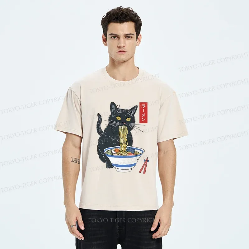 Tokyo-Tiger Black Cat Eats Delicious Ramen Washed T-Shirt