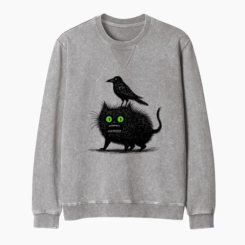 Tokyo-Tiger Crow And Black Cat Washed Terry Sweatshirt