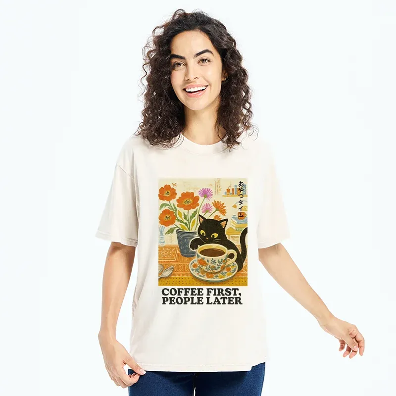 Tokyo-Tiger Kitten Drinks Coffee First Washed T-Shirt