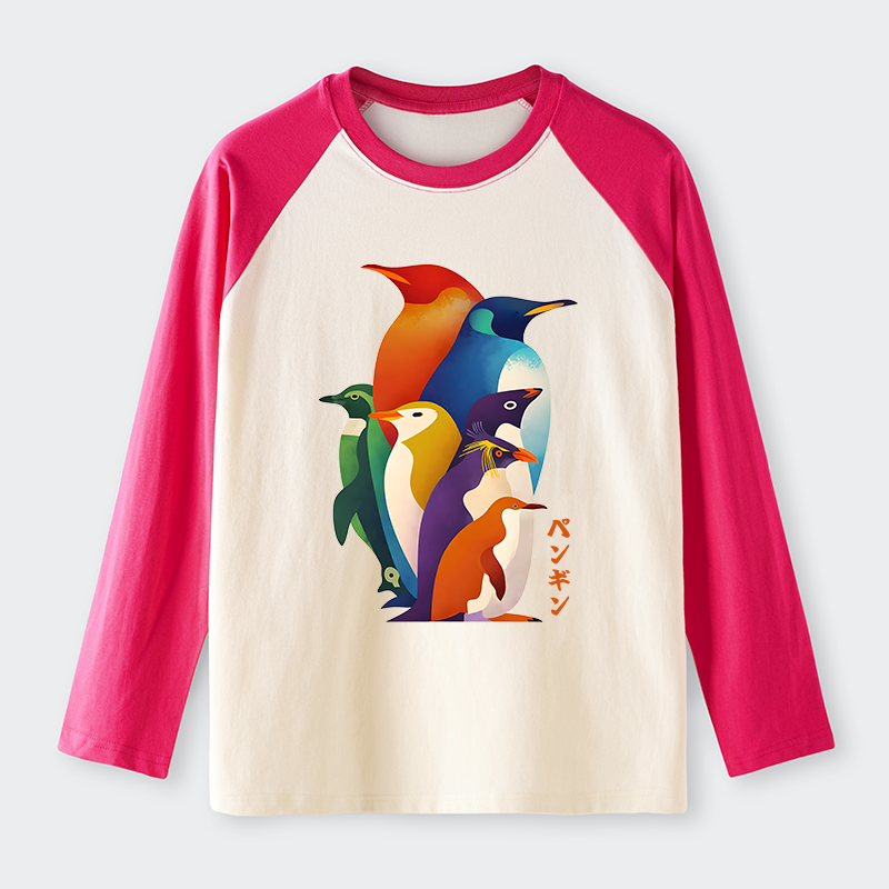 Tokyo-Tiger Cute Multi Tone Penguins Raglan Long Sleeve T-shirt