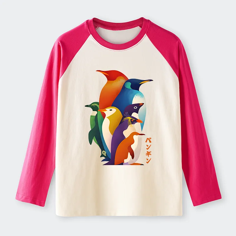 Tokyo-Tiger Cute Multi Tone Penguins Raglan Long Sleeve T-shirt