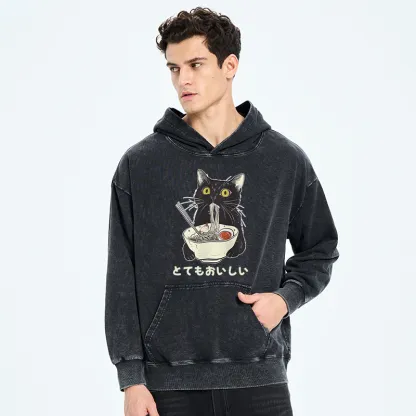 Tokyo-Tiger Cats Eat Ramen Noodles Washed Hoodie