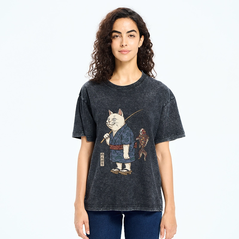 Tokyo-Tiger Kimono Cat Fishing Koi Fish Art Washed T-Shirt
