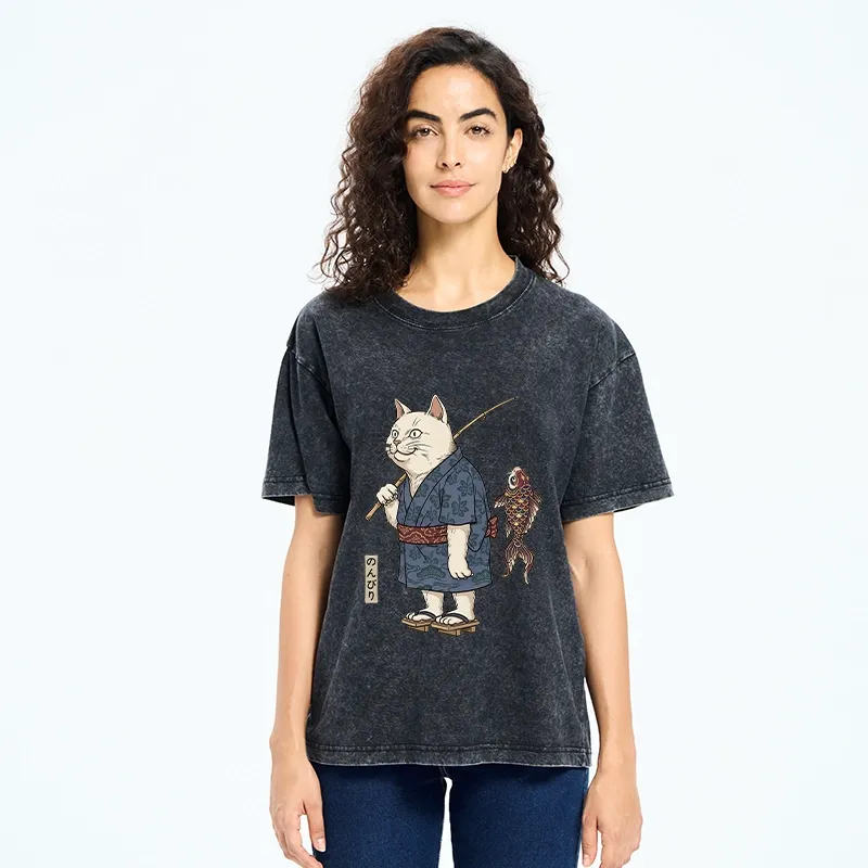 Tokyo-Tiger Kimono Cat Fishing Koi Fish Art Washed T-Shirt