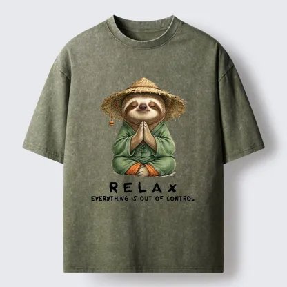 Tokyo-Tiger Zen Relax Sloth Graphic Washed T-Shirt