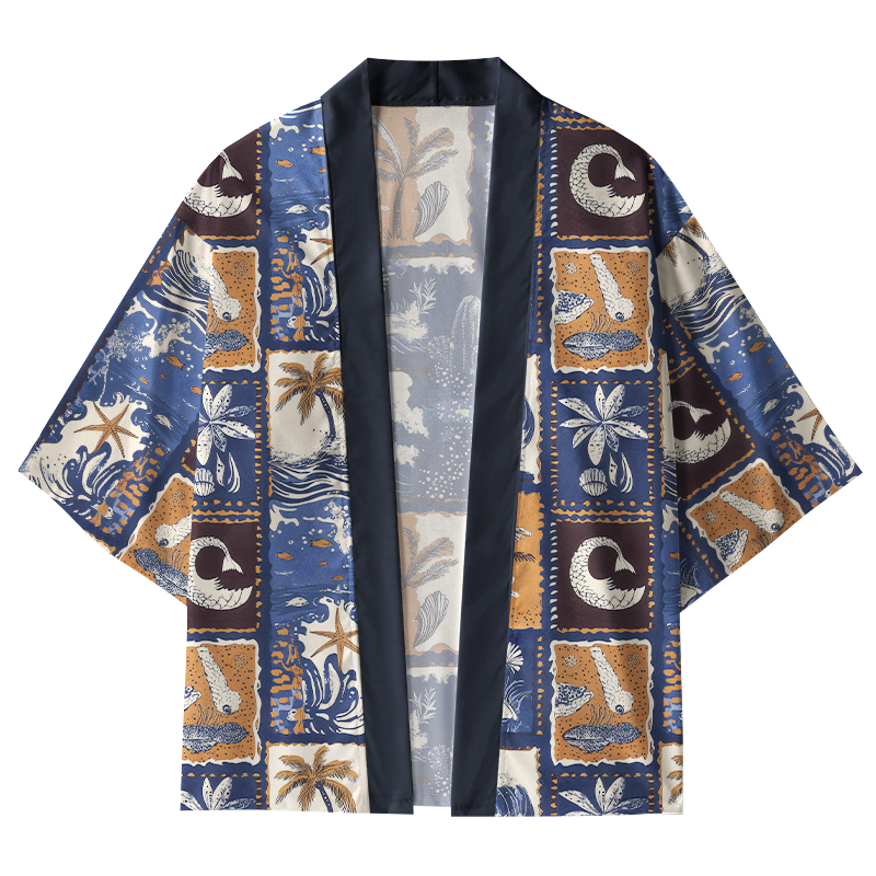 Tokyo-Tiger Island Shore Element Collage Kimono Cardigan